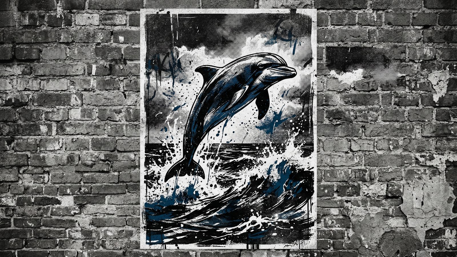 Street art poster of a dolphin leaping from ocean waves on a brick wall