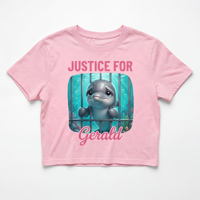 Pink Justice for Gerald crop top featuring a sad baby dolphin behind prison bars with tears